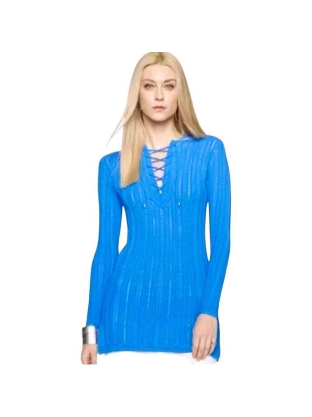 ** Ralph Lauren Black Label Bright Blue Lace Up Tunic Sweater Size M